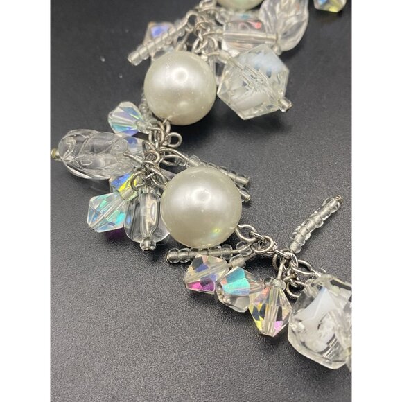 Faux White Pearl Bracelet AB Crystal Silver Tone Bridal Prom Pageant Fits  6.5" - Picture 8 of 8